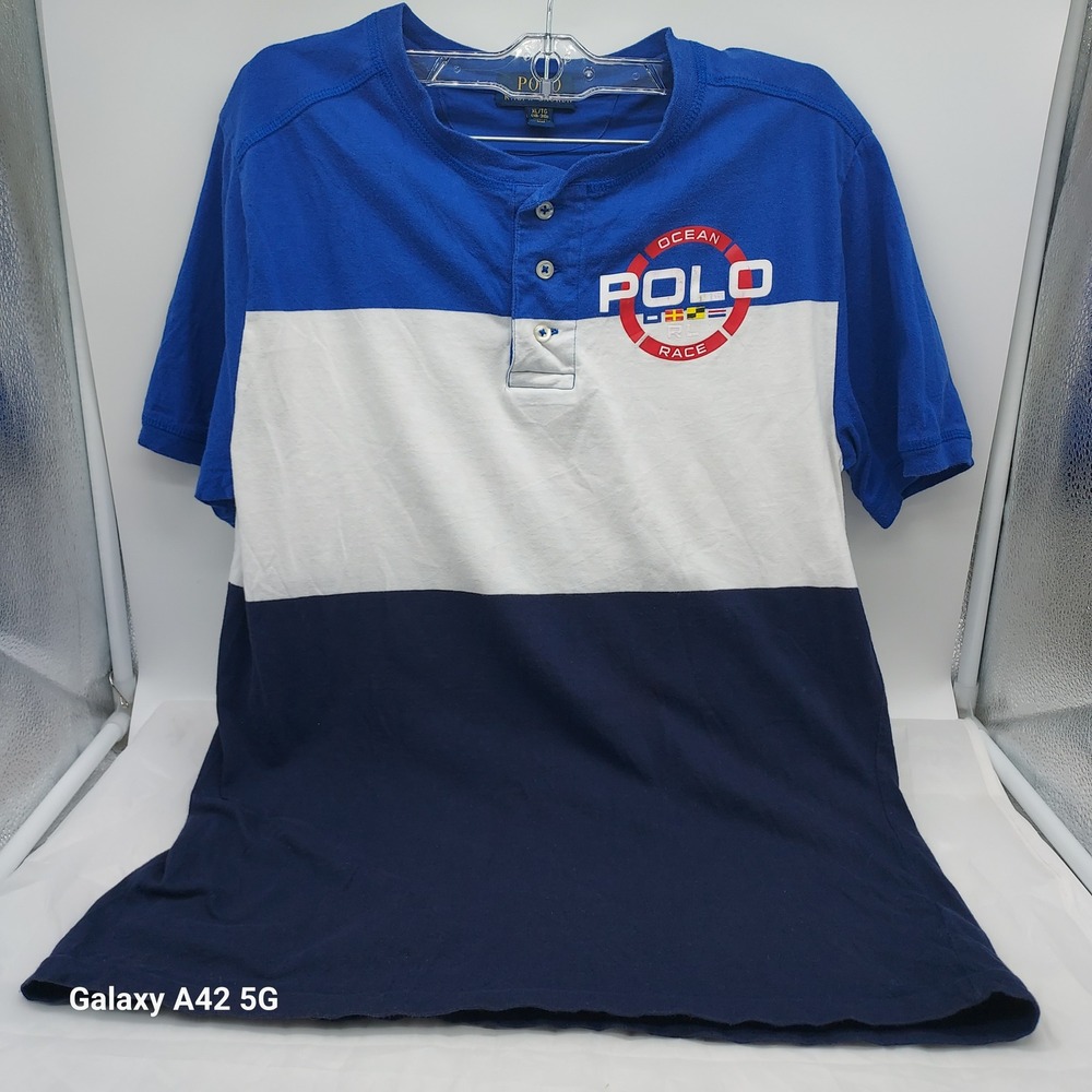 Polo Ralph Lauren Boys XL 18-20 Henley Shirt Ocean Race Colorblock Blue White
